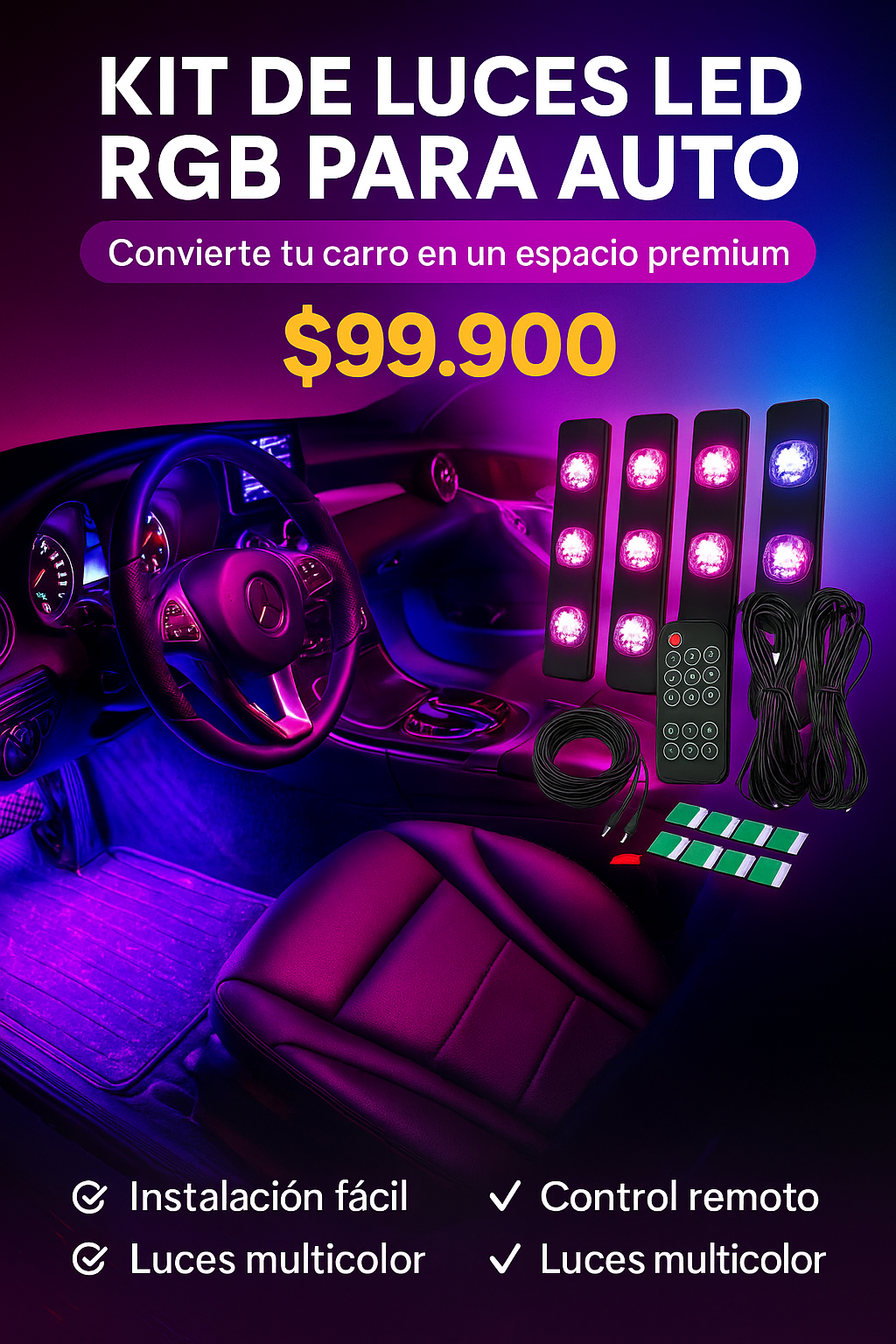 🌈🚘 Kit de Luces LED RGB para Auto – Ilumina Tu Estilo 🚘🌈