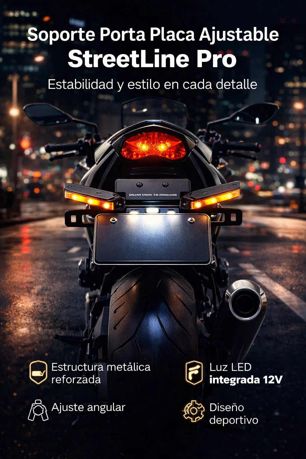 🏍️🔧 Soporte Porta Placa Ajustable StreetLine Pro – Base Metálica con Luz LED Integrada