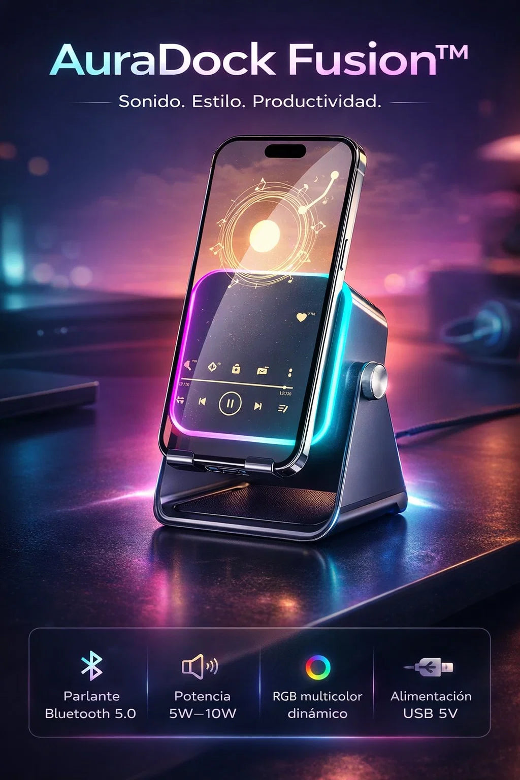 Altavoz Inalámbrico con Luz RGB, Sonido Estéreo, Carga Inalámbrica, Altavoz Bluetooth con Soporte para Teléfono📱