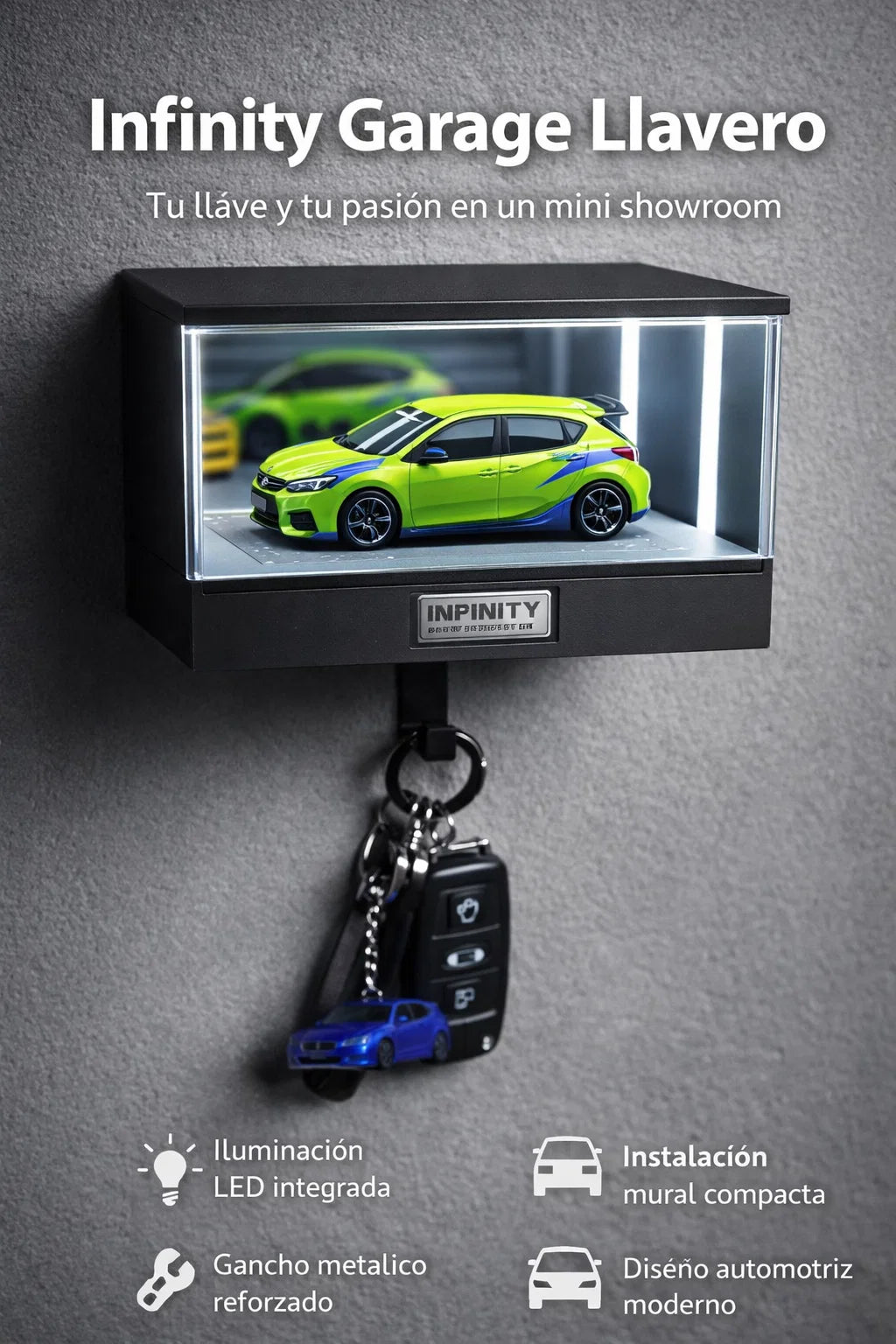 🚗💡 Infinity Garage Llavero – Portallaves Mural Iluminado 11 x 10 x 6 cm