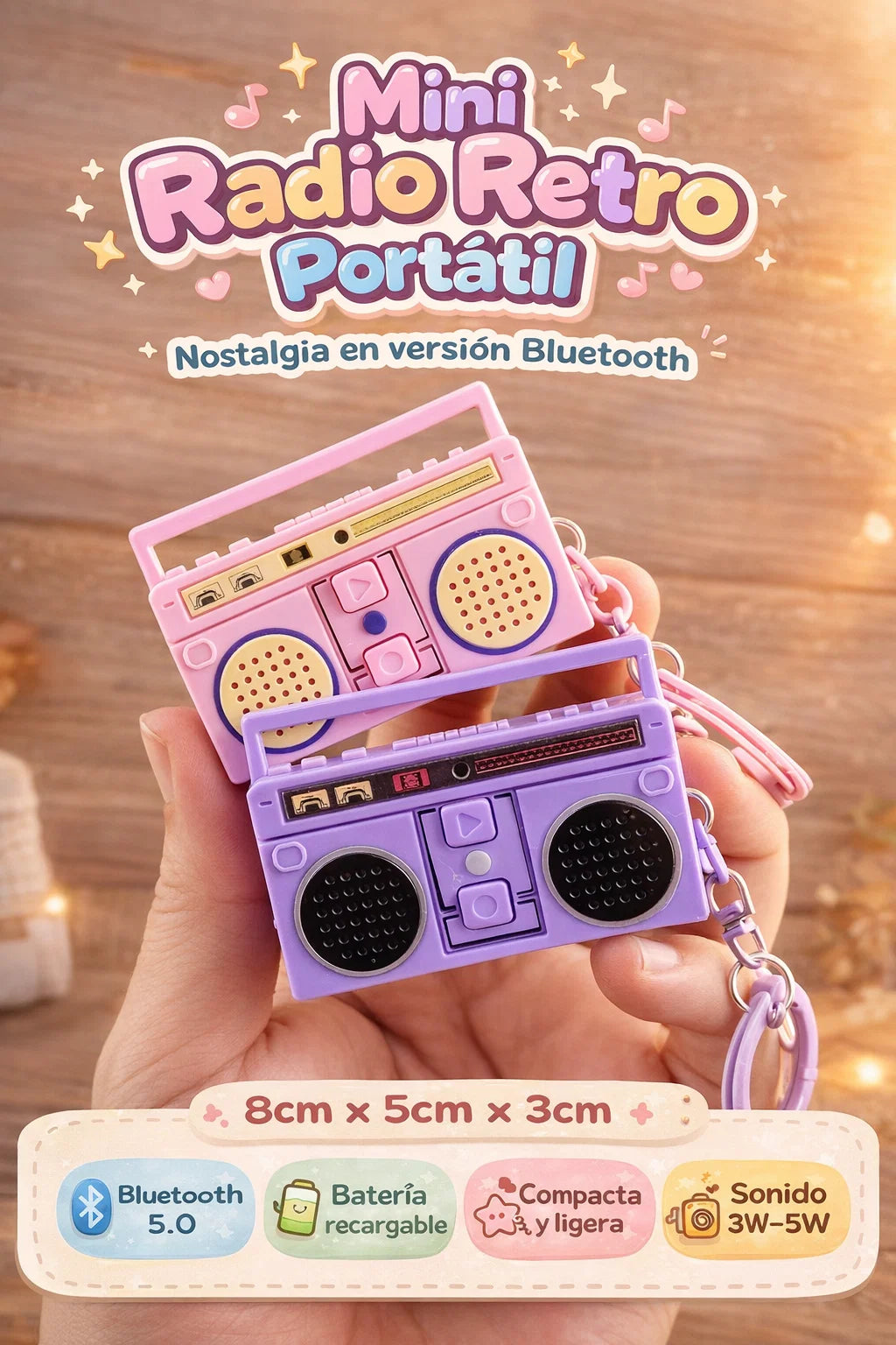 🎶💜 x2 Mini Radio Retro Portátil – Altavoz Bluetooth Tipo Llavero 8 x 5 x 3 cm