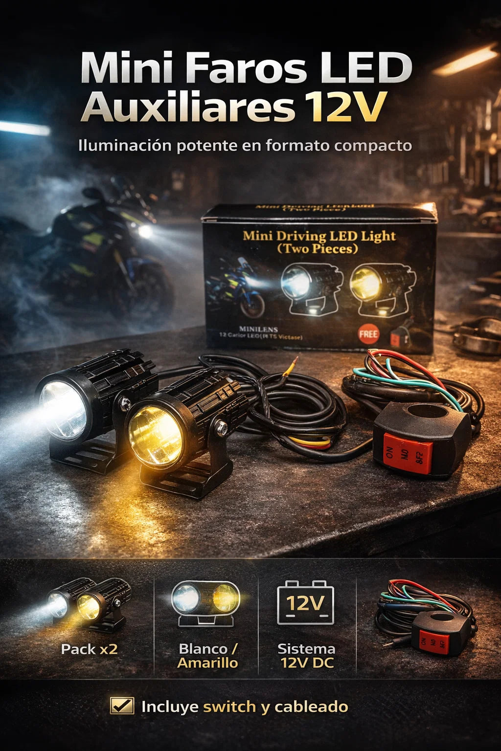 💡🏍️ Mini Faros LED Auxiliares 12V – Luz Blanca/Amarilla (Pack x2)