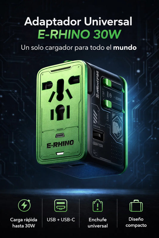 🔌🌍 Adaptador Universal E-RHINO – Cargador Internacional 30W con USB-C