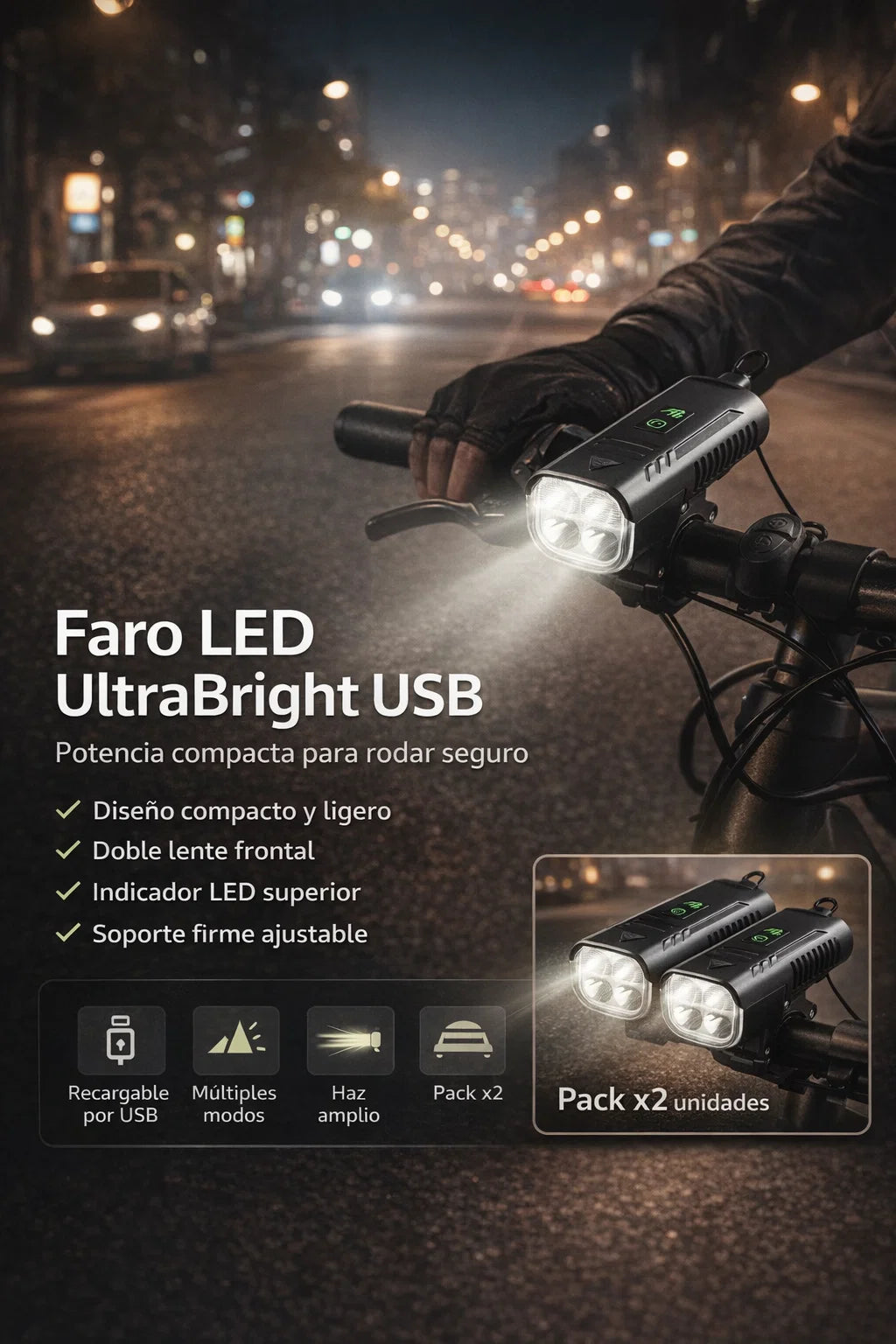 🚴‍♂️🔦 X2 Faro LED Ultra USB – Luz Delantera Recargable para Bicicleta