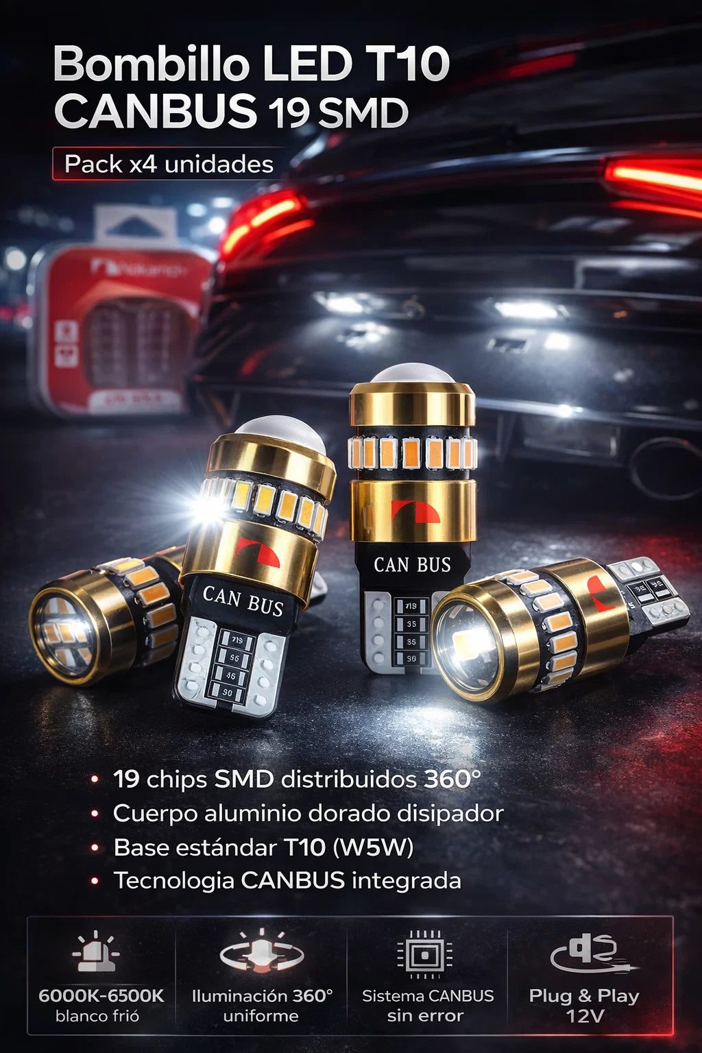 x4 unidades Luces Nakamichi NL28 T10 · 19 LEDS para carro🏎️💡Universal